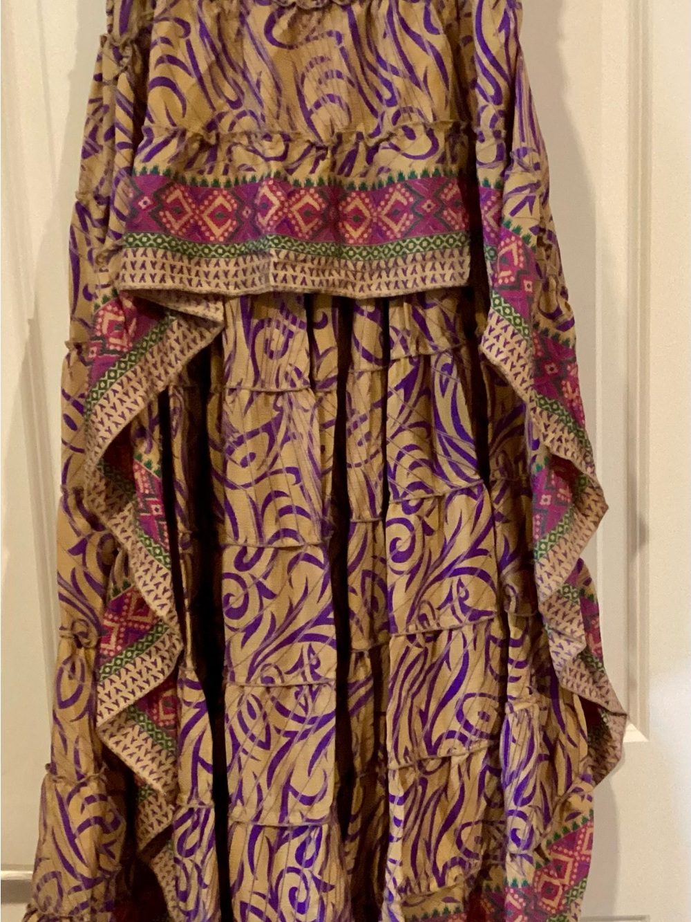 Tan and Purple High-Low Tiered Boho silk Skirt with Geometric Trim